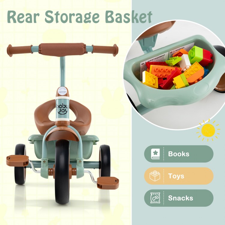 HONEY JOY Kids Tricycle For Ages 3-5 - Adjustable Seat, Storage Basket, EVA Wheels, Green 3-Wheel Bike