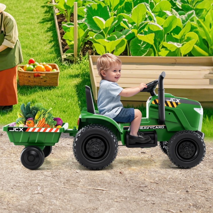 Kids ride-on tractor in grayish green with detachable trailer, perfect for outdoor fun and storage for ages 3-8.