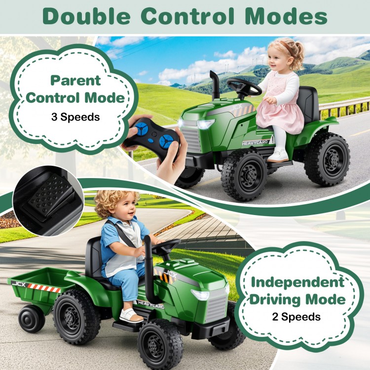 Kids ride-on tractor with trailer in grayish green, featuring parent control and 3-speed options for safe driving.