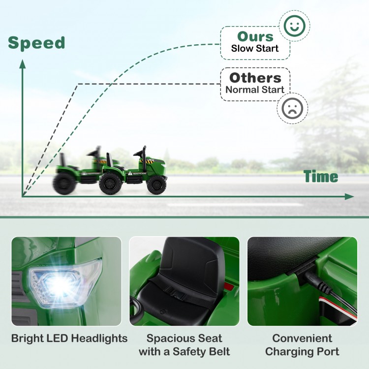 Kids ride-on tractor with trailer, grayish green, features bright LED headlights and a spacious seat for safe driving.