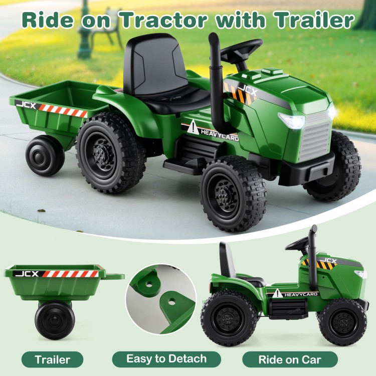 Kids ride-on tractor with detachable trailer, powered by 12V battery, featuring anti-slip EVA wheels for safe driving.