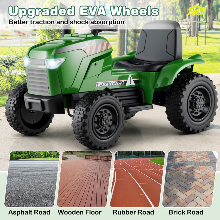 Kids ride-on tractor in grayish green with upgraded EVA wheels, suitable for ages 3-8, featuring a detachable trailer.