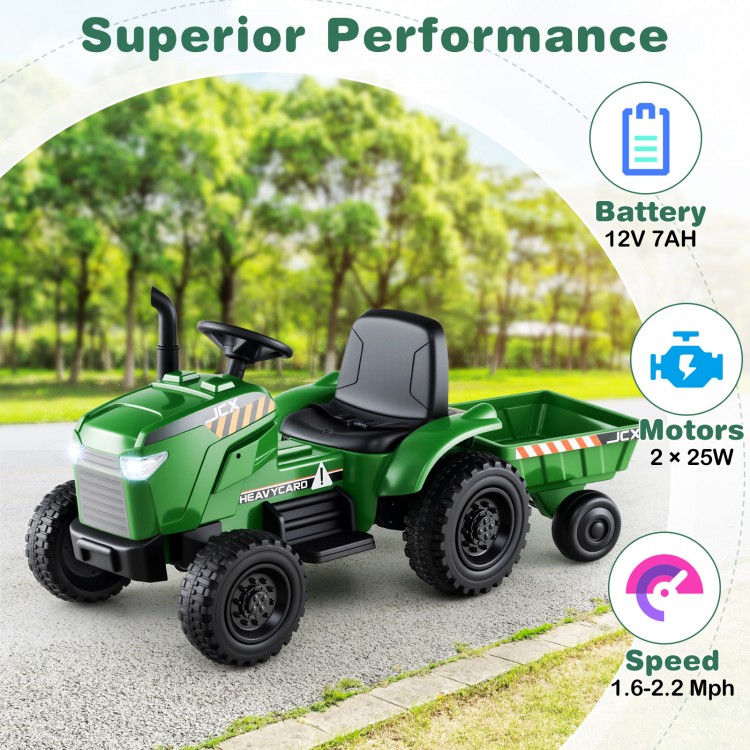 Kids ride-on tractor in grayish green with detachable trailer, powered by 12V battery and two 25W motors for ages 3-8.