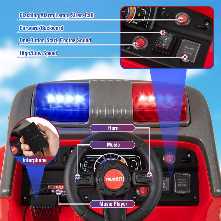 Ride-on fire truck dashboard featuring controls, music player, horn, and flashing lights for an immersive play.