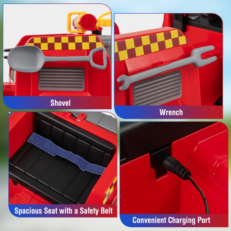 Shovel and wrench storage on the 12V ride-on fire truck, featuring a spacious seat with safety belt for secure play.
