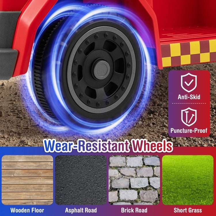Wear-resistant wheels of the 12V ride-on fire truck, ideal for various surfaces like asphalt and grass, ensuring safe.