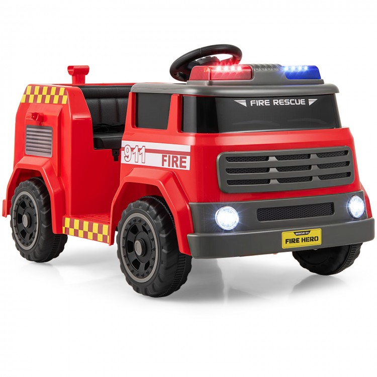 Red 12V ride-on fire truck with water gun, music features, and safety belt for kids aged 37-95 months.