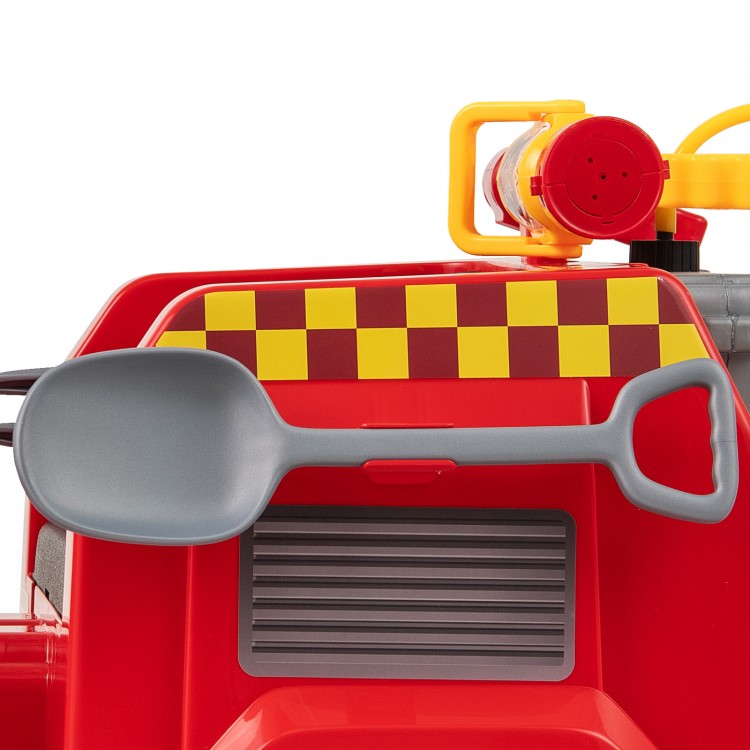 Gray shovel attached to the red 12V ride-on fire truck, designed for kids' imaginative play and learning.