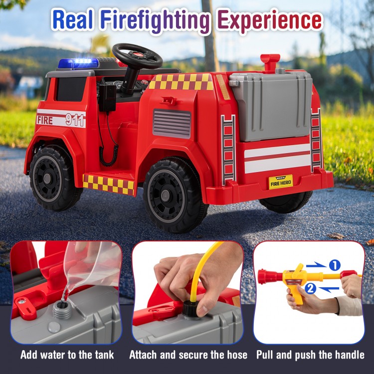 Red 12V ride-on fire truck with water gun, interphone, and safety belt for kids aged 37-95 months, offering a real.