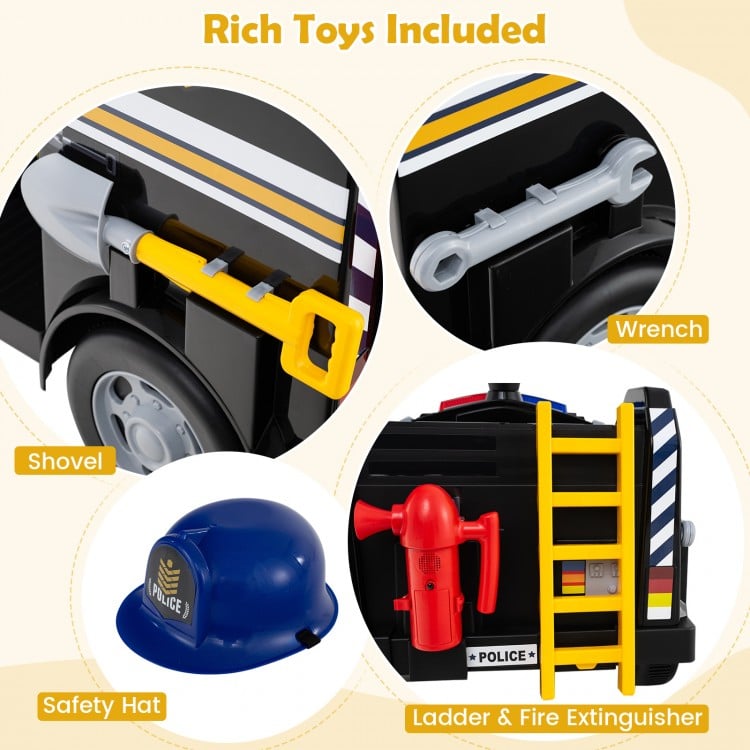 Close-up of toy accessories including a shovel, wrench, safety hat, and fire extinguisher for the 12V toddler fire toy.