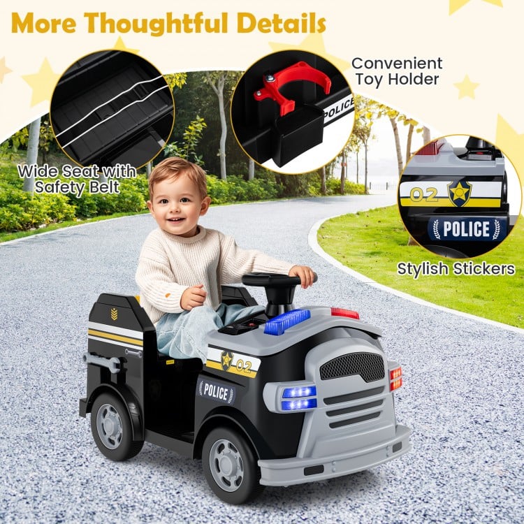 Toddler fire toy car with wide seat, safety belt, and toy holder, designed for ages 37-95 months for fun outdoor play.