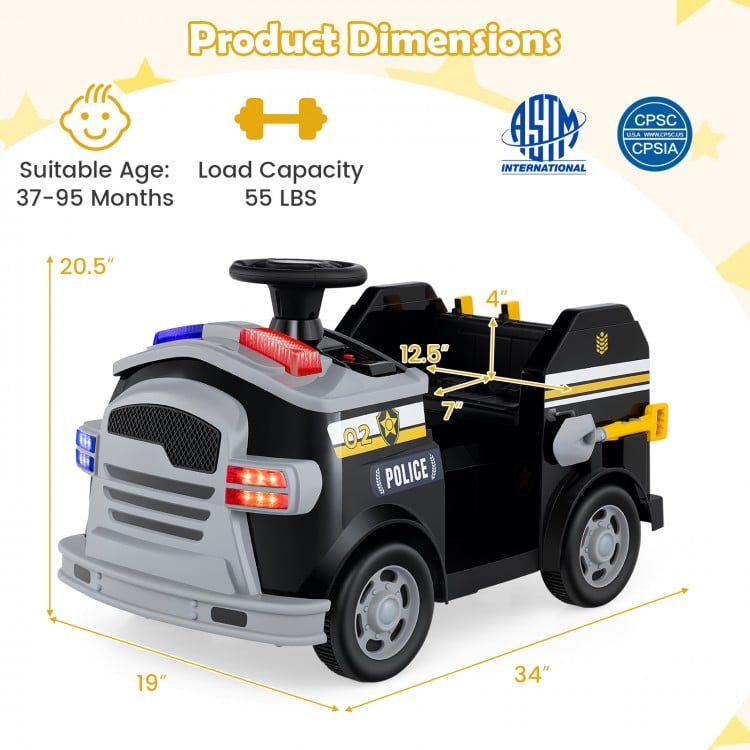 Toddler fire toy car dimensions showing 20.5" height, 19" width, and 34" length, designed for ages 37-95 months.