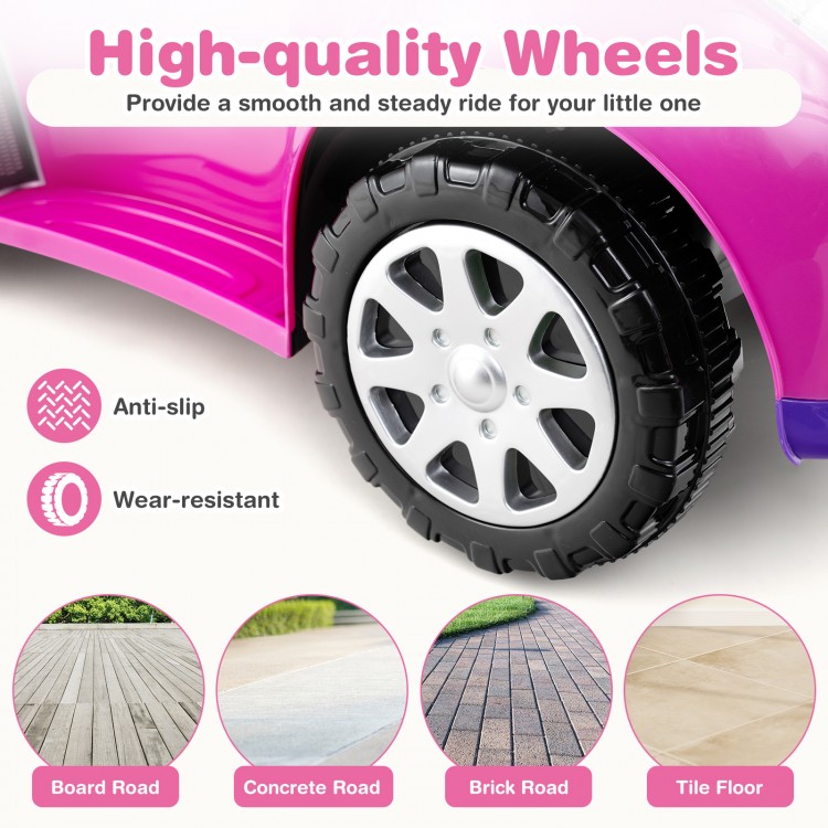 High-quality anti-slip wheels of the pink 3-in-1 push car for toddlers, suitable for various surfaces like concrete and.