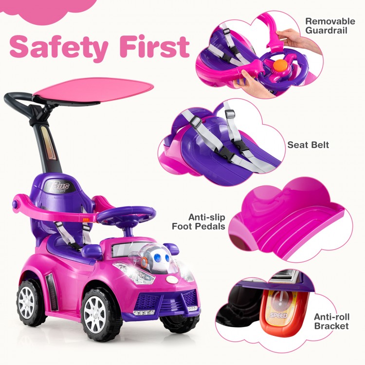 3-in-1 pink push car for toddlers with removable guardrail, seat belt, and anti-slip foot pedals for safe play.