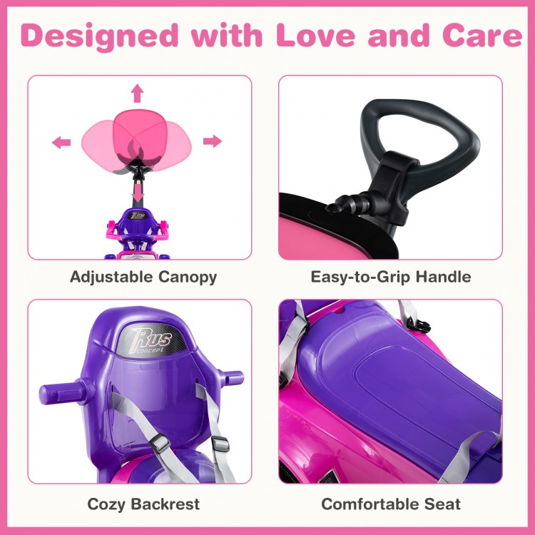 Adjustable canopy and easy-to-grip handle of the pink 3-in-1 push car for toddlers, designed for comfort and safety.
