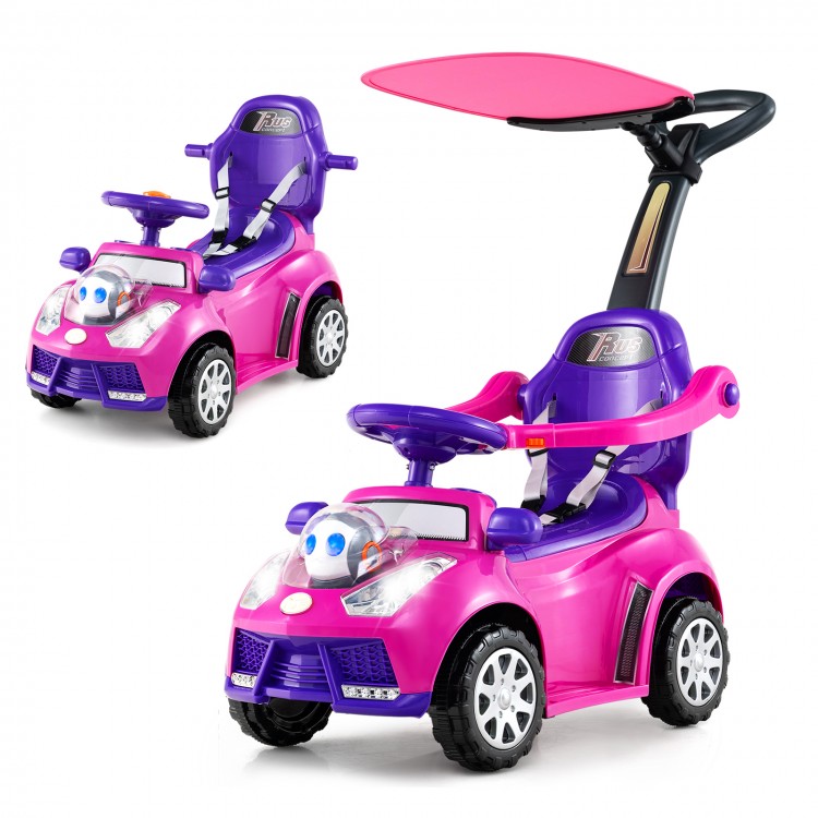 3-in-1 pink push car for toddlers with adjustable canopy, interactive buttons, and removable guardrail for safe play.