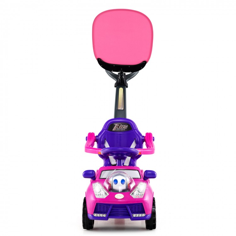 Front view of the pink 3-in-1 push car for toddlers, showcasing the cozy backrest and comfortable seat for enjoyable.