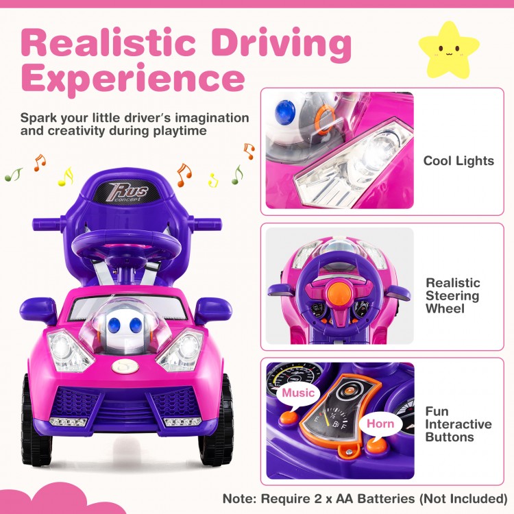 3-in-1 pink push car for toddlers featuring a realistic steering wheel, interactive buttons, and removable guardrail.