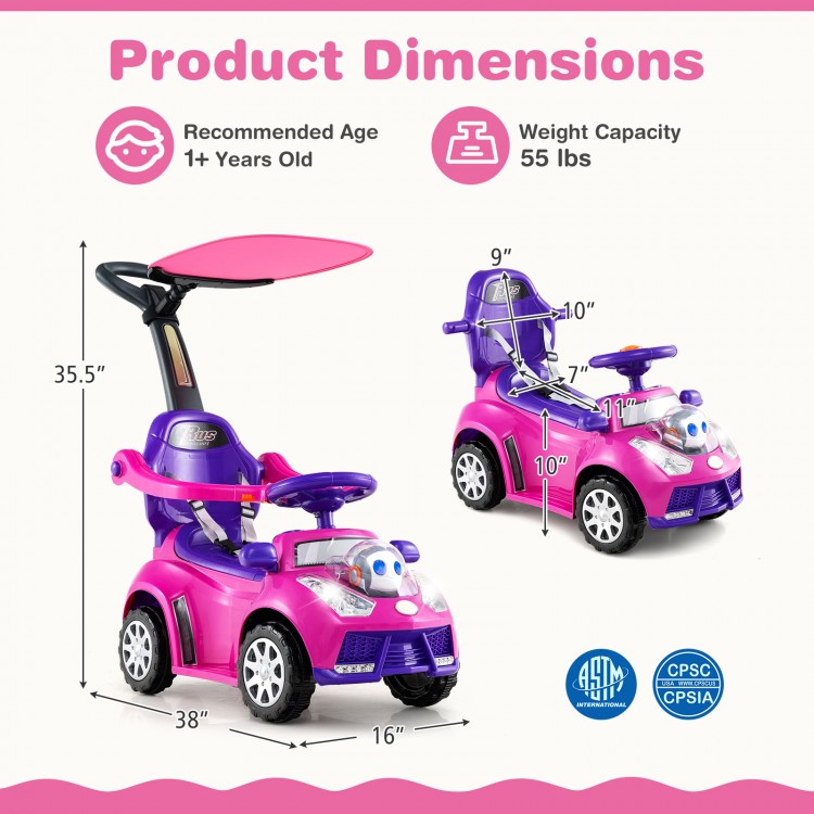 3-in-1 pink push car for toddlers with adjustable canopy, storage, and safety features for boys and girls aged 1+.