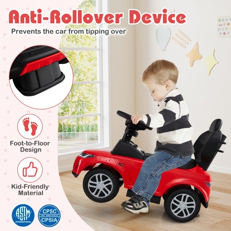 Red 3 in 1 push car with removable handle, anti-rollover device, and comfortable backrest for kids 18-36 months.
