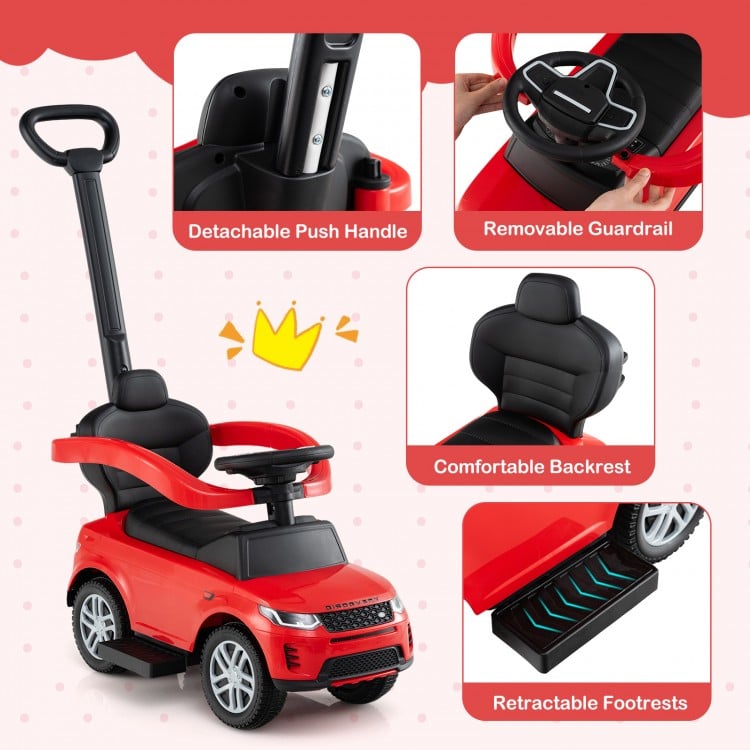 3 in 1 push car in red with detachable handle, removable guardrail, and comfortable backrest for kids 18-36 months.