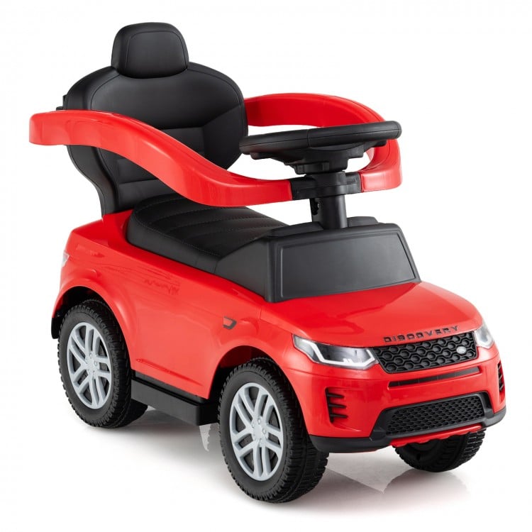 Red 3 in 1 push car for kids with removable handle, guardrail, and storage, suitable for ages 18-36 months.