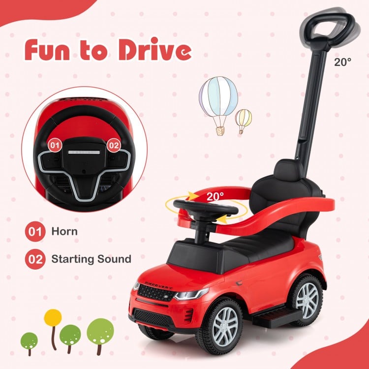 Red 3 in 1 push car for kids with removable handle, steering wheel sounds, and under-seat storage for ages 18-36 months.