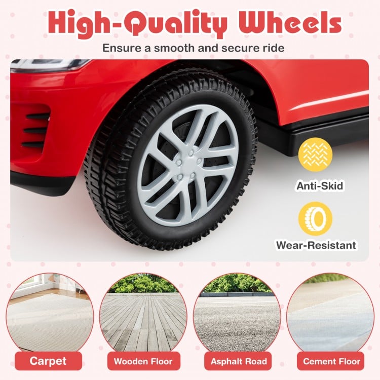 High-quality wheels of a red 3 in 1 push car, featuring anti-skid and wear-resistant design for smooth rides on various.