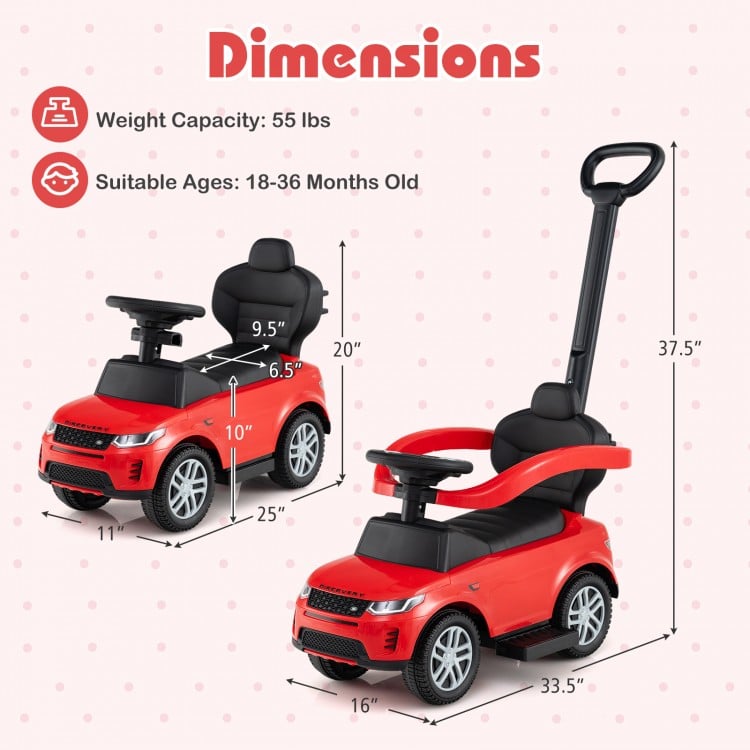 3 in 1 red push car for kids aged 18-36 months, featuring removable handle, guardrail, and under-seat storage.