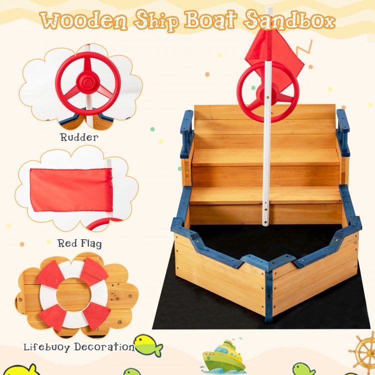 Kids pirate boat wooden sandbox featuring a rudder, lifebuoy, and hidden storage for outdoor play and safety.