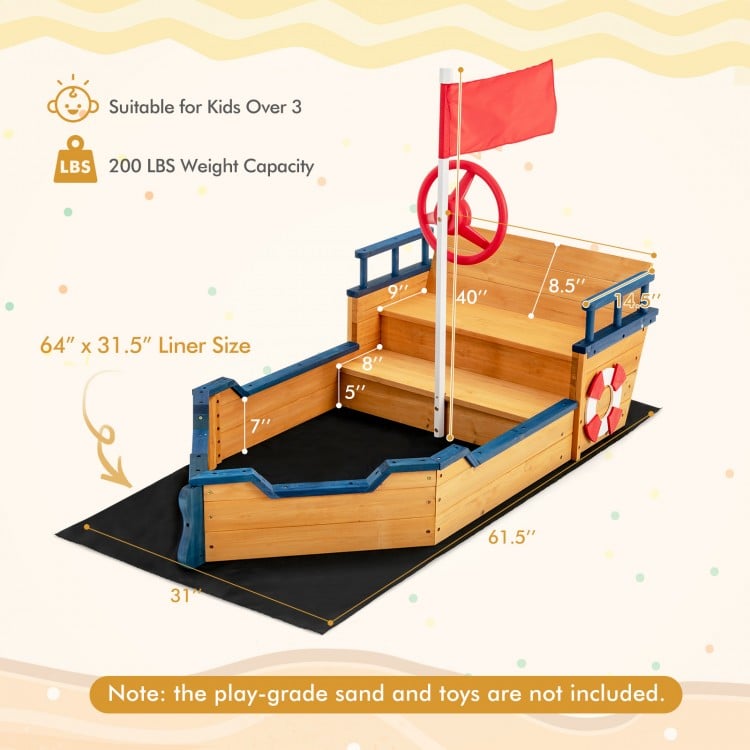 Kids pirate boat wooden sandbox with lifebuoy and rudder, featuring hidden storage and sturdy fir wood for outdoor play.