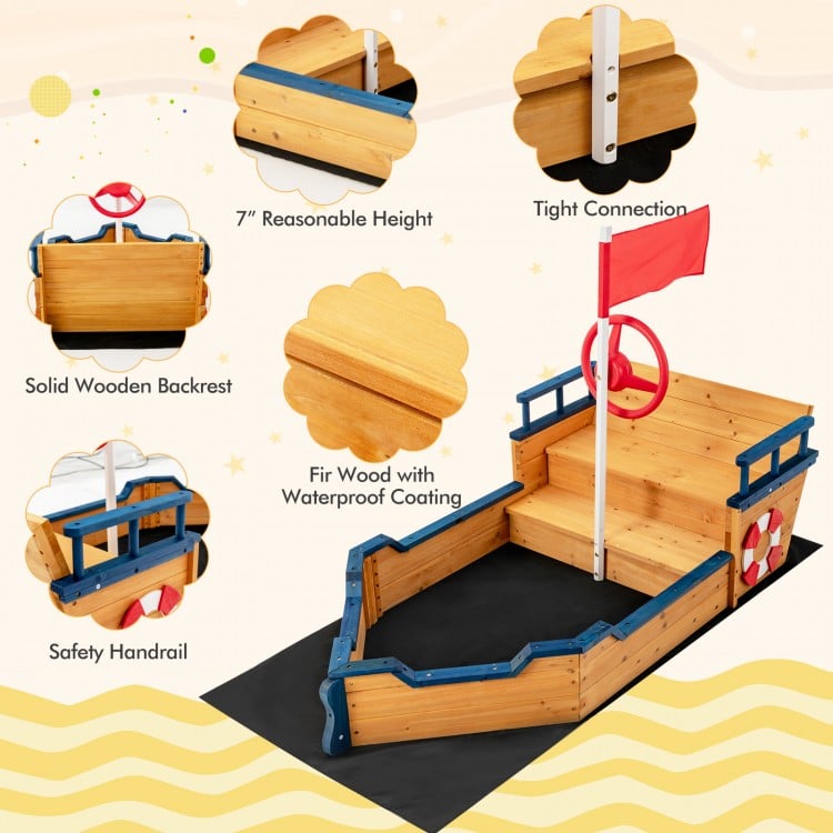 Kids pirate boat wooden sandbox with lifebuoy, rudder, and safety handrails for outdoor play and storage convenience.