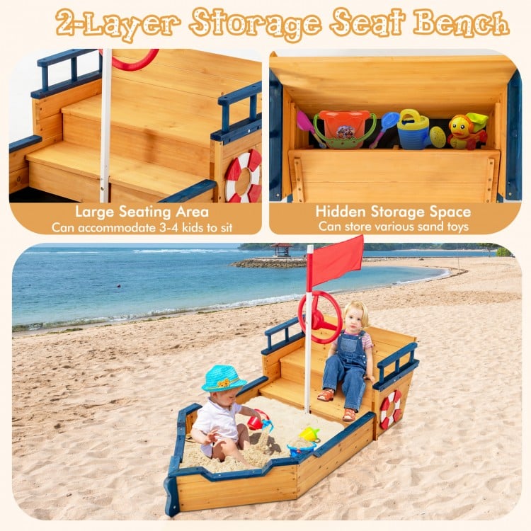 Kids pirate boat wooden sandbox with hidden storage, lifebuoy, and benches for outdoor play and safety.