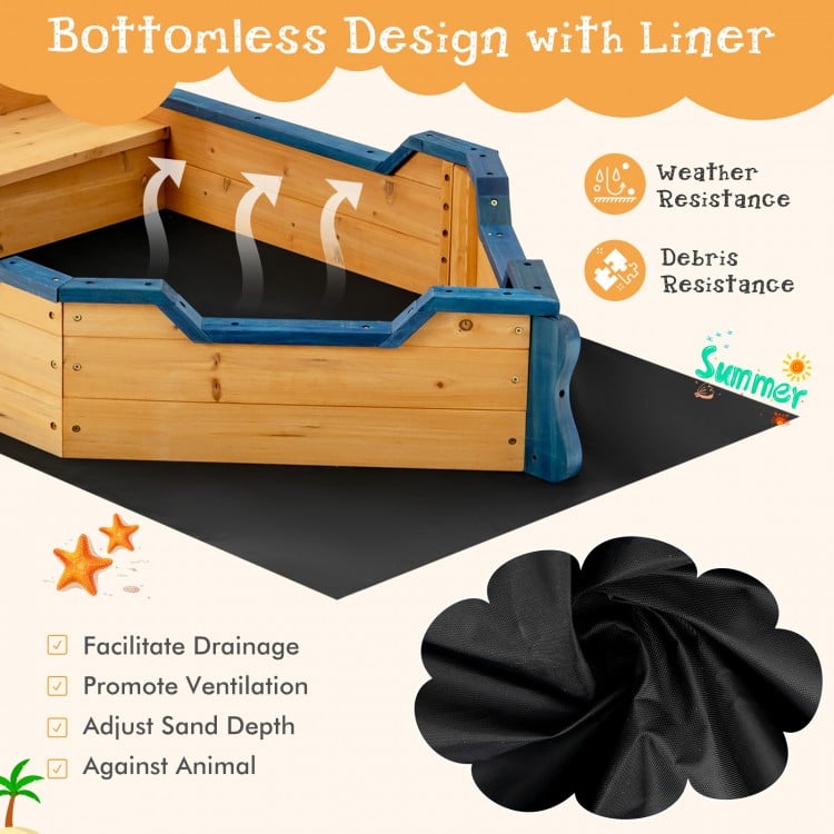 Kids pirate boat wooden sandbox featuring a bottomless design for drainage, sturdy fir wood, and hidden storage benches.