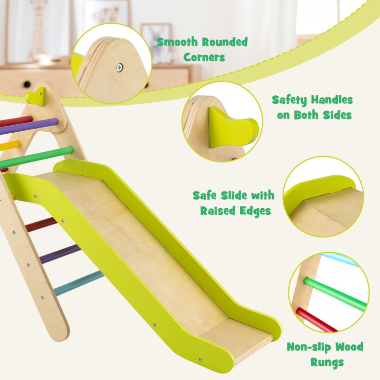 2-in-1 wooden triangle climber set with gradient adjustable slide, featuring smooth corners and safety handles for.