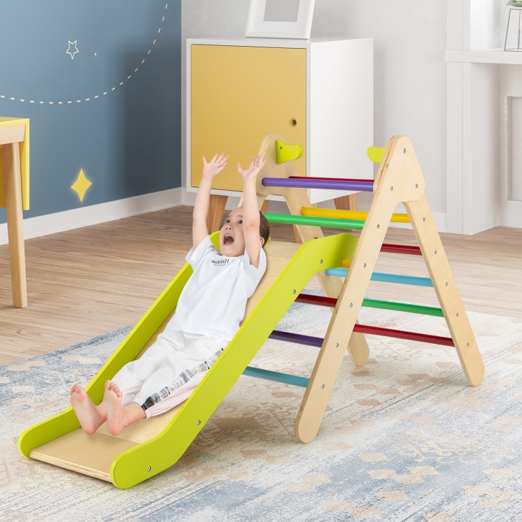 Colorful 2-in-1 wooden triangle climber set with adjustable slide, perfect for kids' playrooms and enhancing motor.