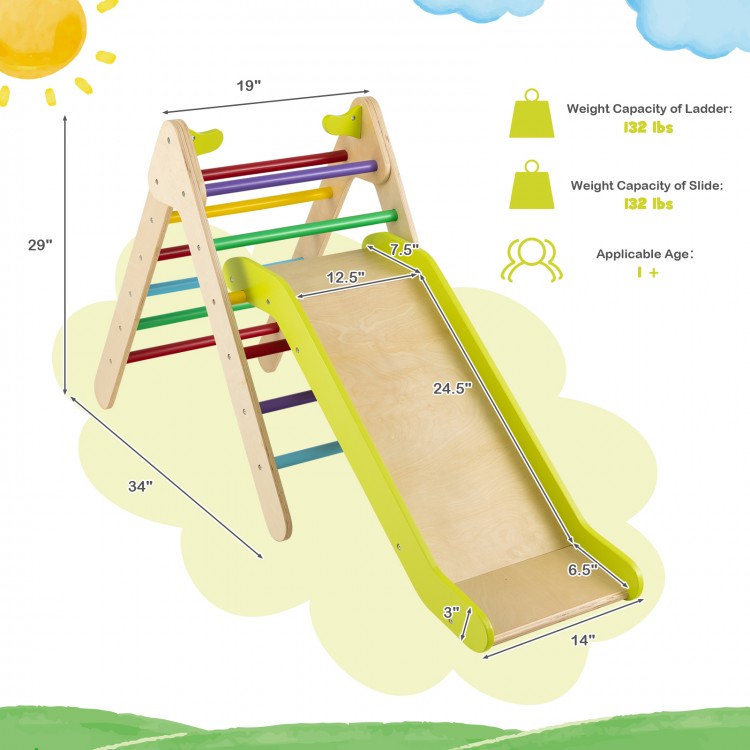 2-in-1 wooden triangle climber set with adjustable slide, multicolor, designed for kids' safety and playroom fun.