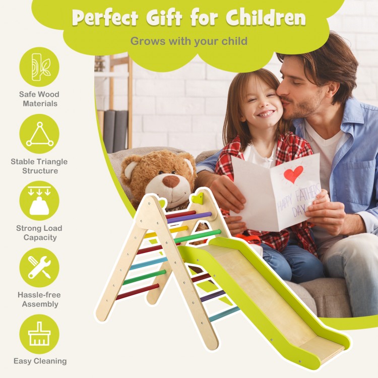 2-in-1 wooden triangle climber set with gradient adjustable slide in multicolor, perfect for kids' playrooms and safety.