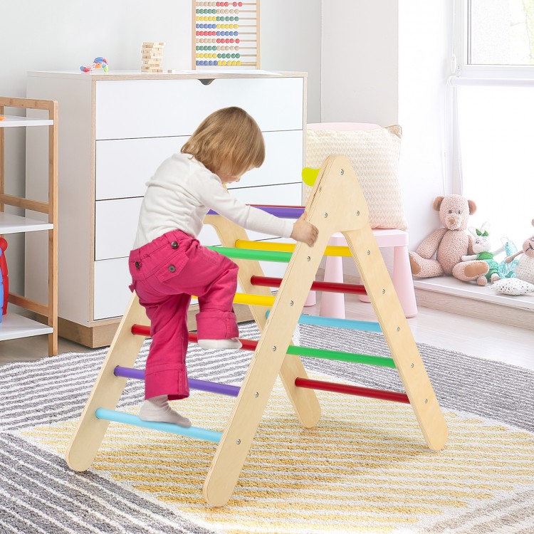Child climbing the 2-in-1 Wooden Triangle Climber Set with multicolor bars, promoting balance and motor skills in a.