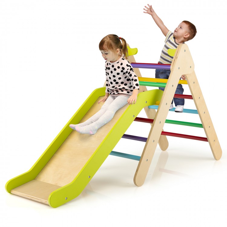 Colorful 2-in-1 wooden triangle climber set with adjustable slide, promoting kids' balance and motor skills for safe.