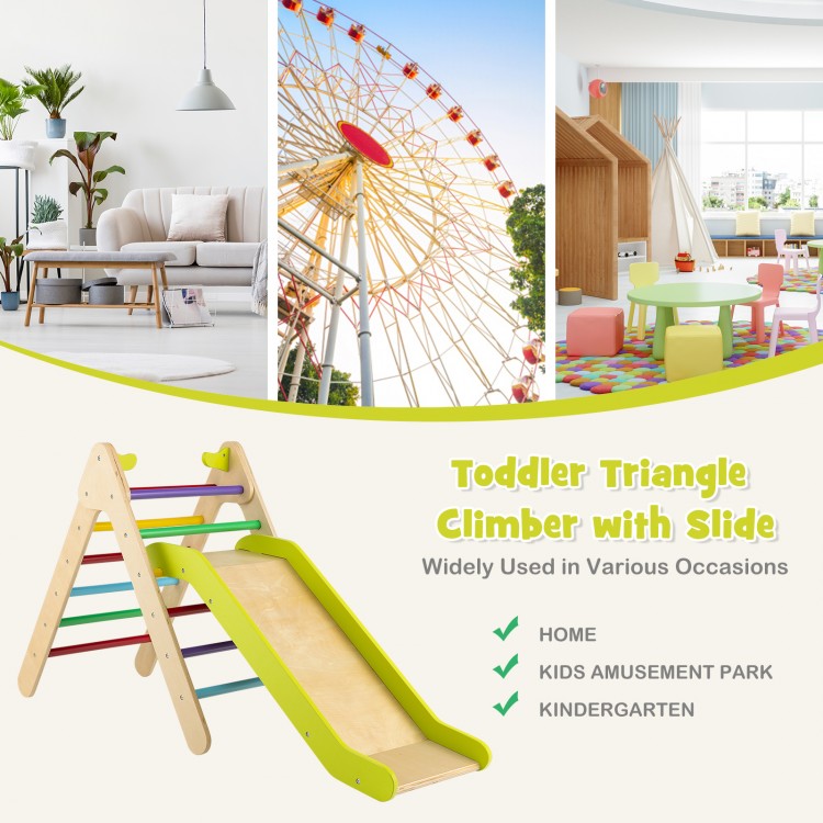 Toddler triangle climber set with adjustable slide in multicolor, designed for safe play in homes, kindergartens, and.