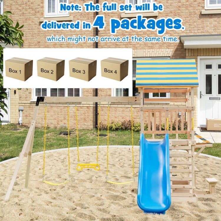 Wooden swing set featuring a large upper deck slide, steering wheel, and sturdy fir construction for outdoor play.