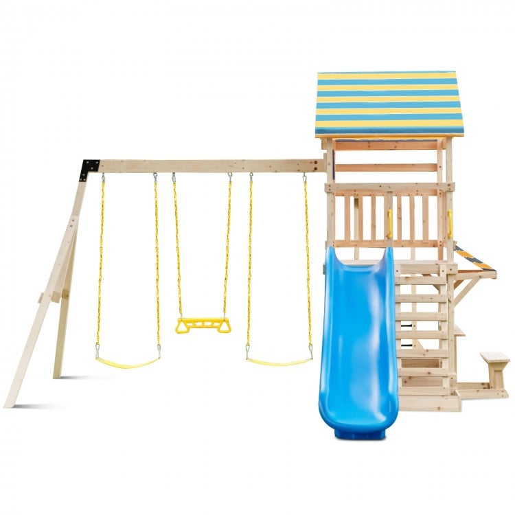 Wooden swing set featuring a large upper deck slide, swings, and steering wheel, perfect for outdoor play in backyards.