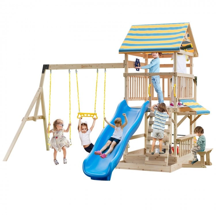 Wooden swing set featuring a slide, swings, and tree house with steering wheel, perfect for outdoor play in backyards.