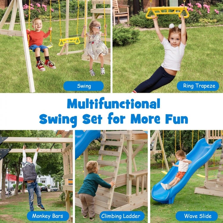 Wooden swing set featuring swings, monkey bars, climbing ladder, and slide for outdoor fun in backyards or parks.