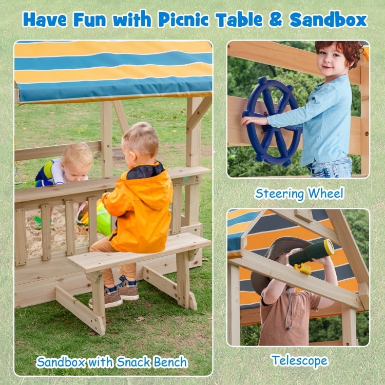 Wooden swing set featuring a sandbox with snack bench, steering wheel, and telescope for outdoor play.