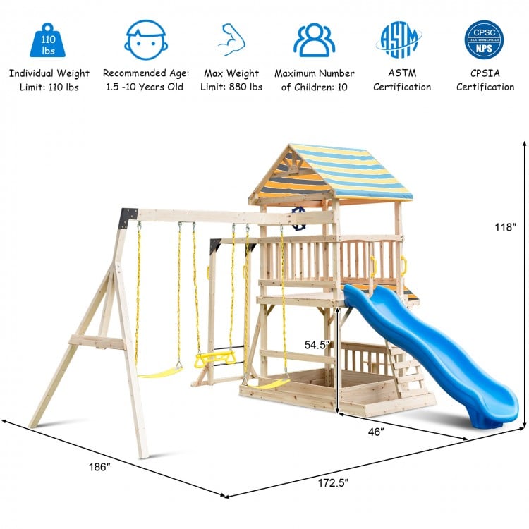 Wooden swing set featuring a large upper deck, slide, swings, and steering wheel, perfect for outdoor play.