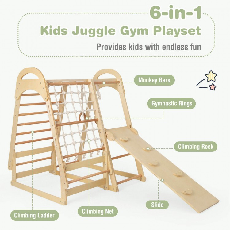 6-in-1 wooden kids jungle gym playset with slide, climbing net, and monkey bars for active play and development.