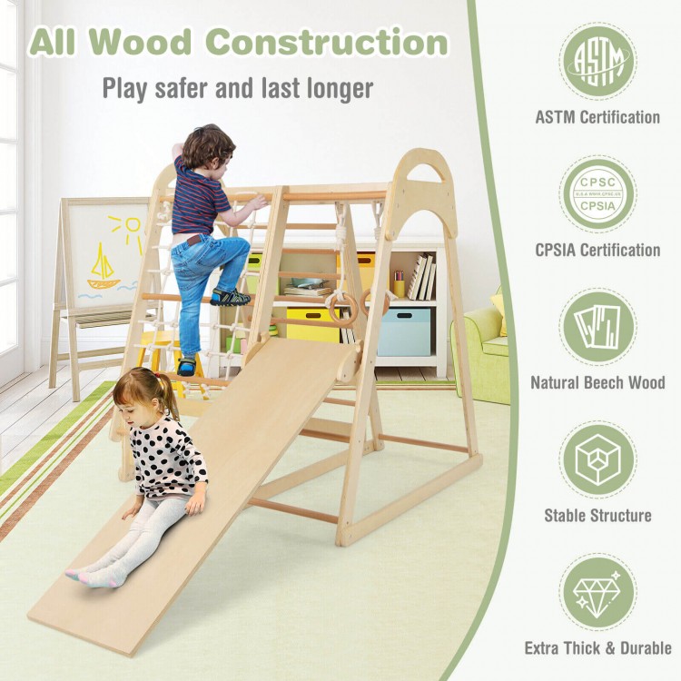 Kids climbing the 6-in-1 wooden jungle gym playset, featuring a smooth slide and sturdy beech wood for safe play.