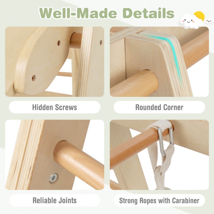 Well-made details of the 6-in-1 wooden kids jungle gym, showcasing rounded corners and hidden screws for safety.